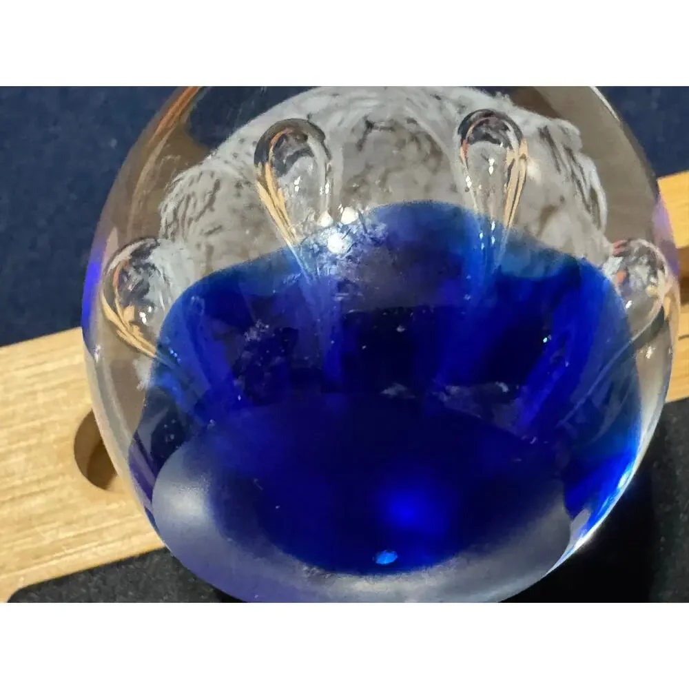 Vintage Cobalt Blue Egg Shape Art Glass Heavy Paper Weight, White Bubble Inside